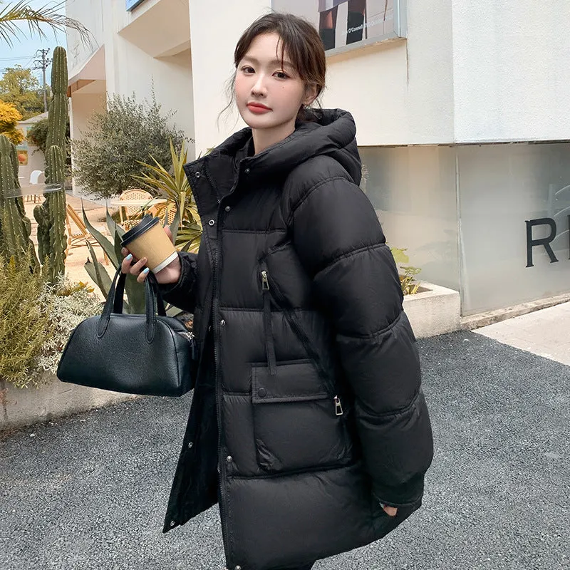 Quilted Thigh-Length Puffer Jacket for Women - Waterproof and Stain-Resistant