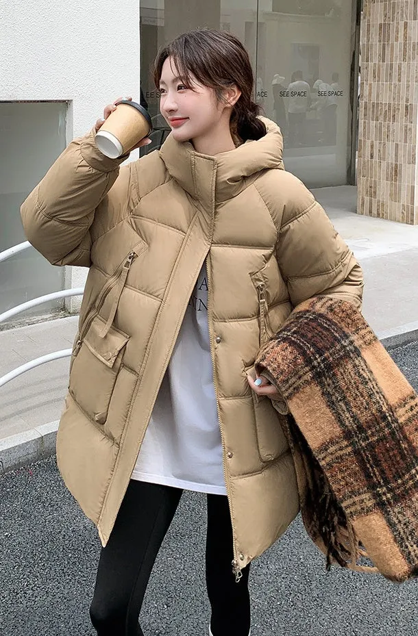 Quilted Thigh-Length Puffer Jacket for Women - Waterproof and Stain-Resistant
