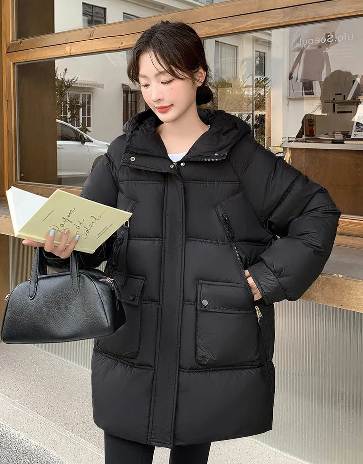 Quilted Thigh-Length Puffer Jacket for Women - Waterproof and Stain-Resistant