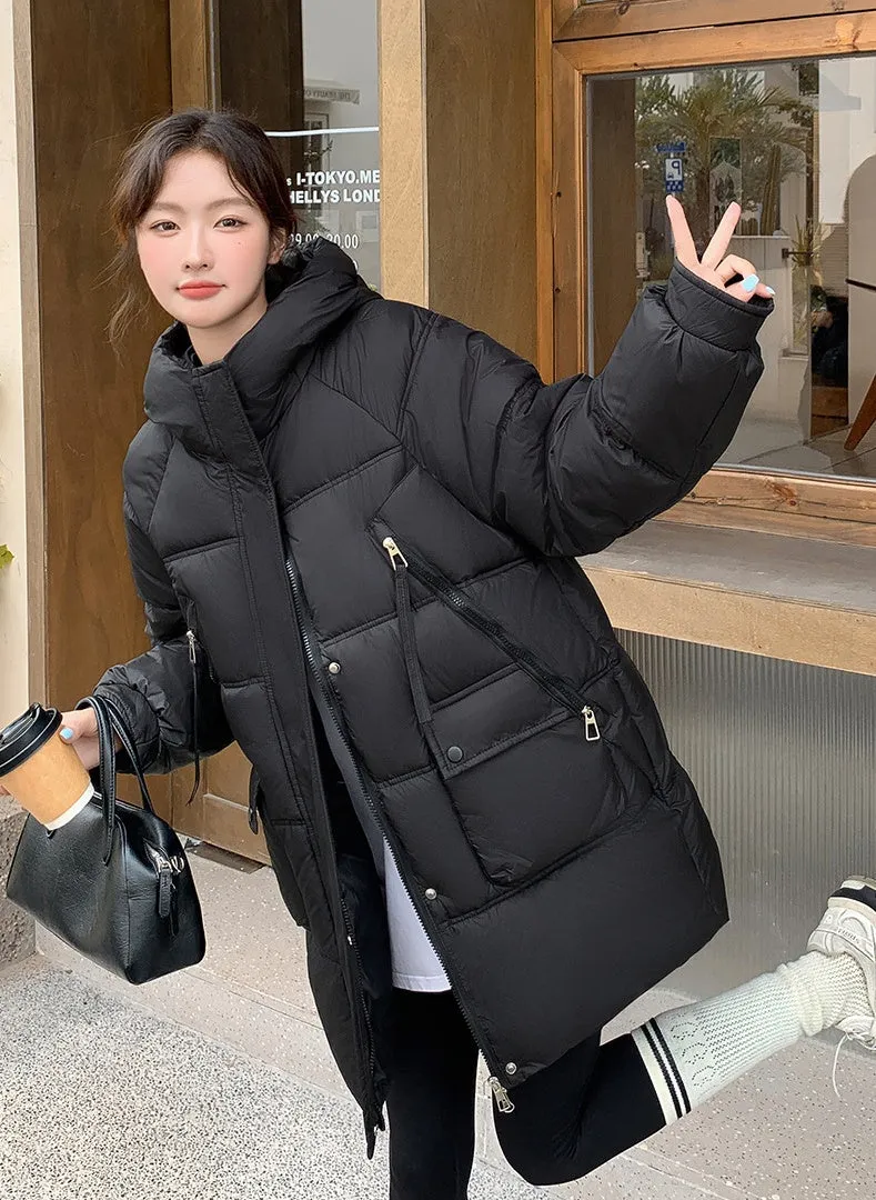 Quilted Thigh-Length Puffer Jacket for Women - Waterproof and Stain-Resistant