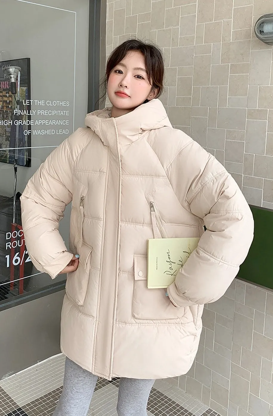 Quilted Thigh-Length Puffer Jacket for Women - Waterproof and Stain-Resistant