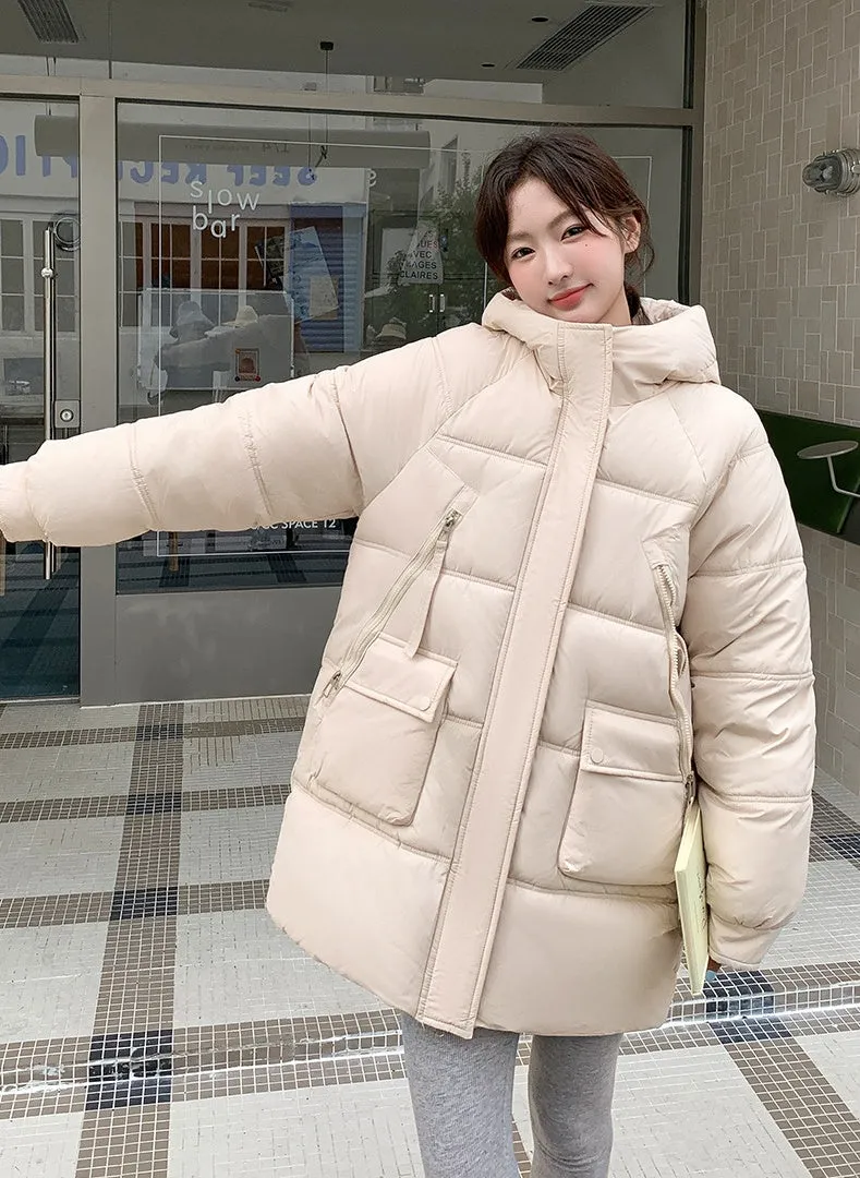 Quilted Thigh-Length Puffer Jacket for Women - Waterproof and Stain-Resistant