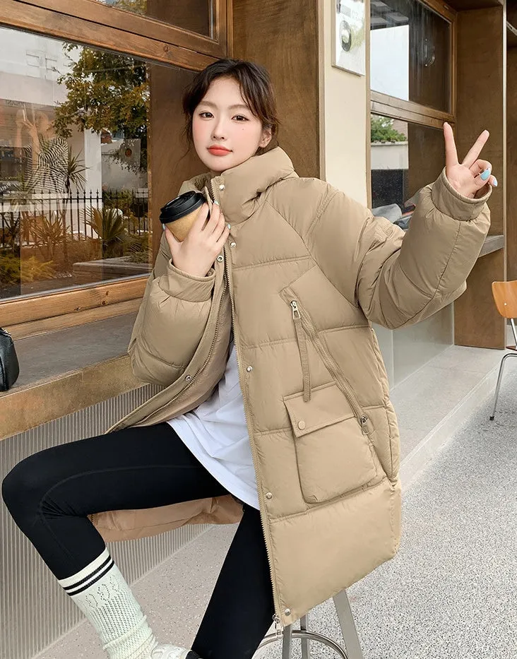 Quilted Thigh-Length Puffer Jacket for Women - Waterproof and Stain-Resistant