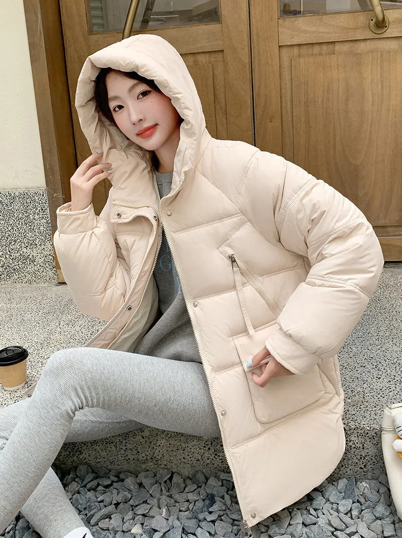 Quilted Thigh-Length Puffer Jacket for Women - Waterproof and Stain-Resistant