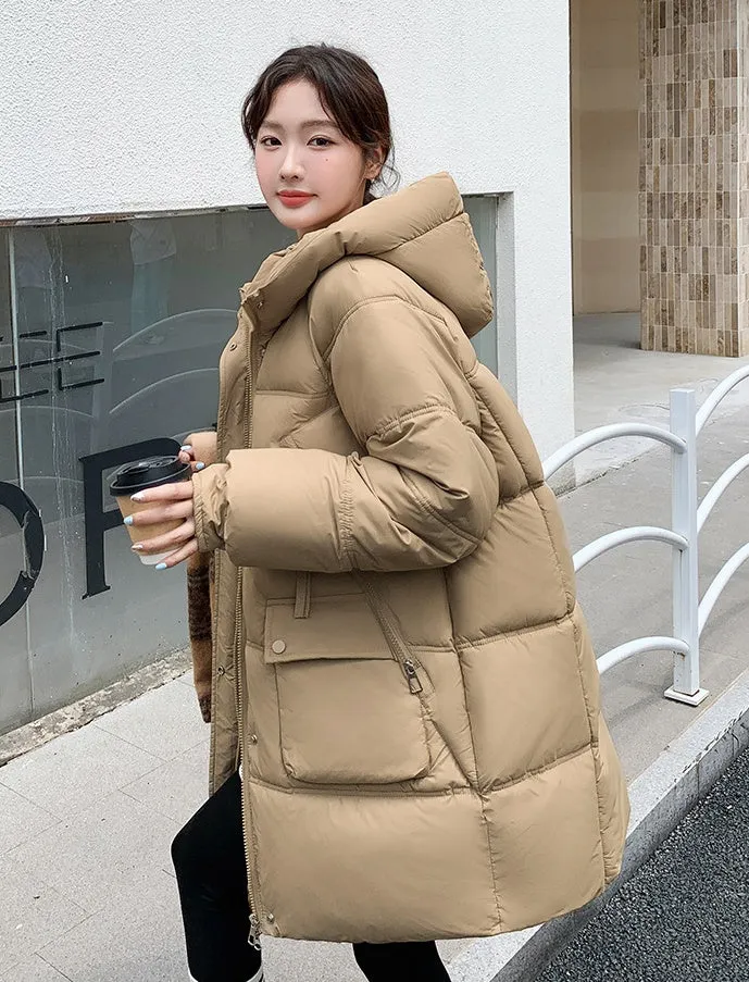 Quilted Thigh-Length Puffer Jacket for Women - Waterproof and Stain-Resistant