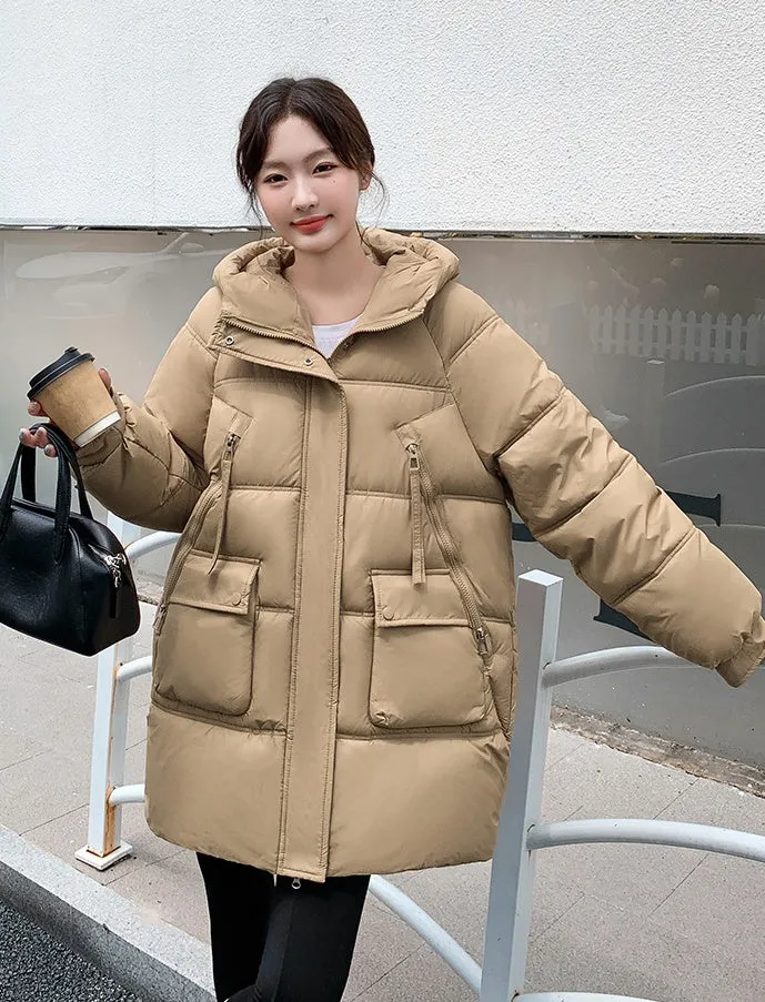 Quilted Thigh-Length Puffer Jacket for Women - Waterproof and Stain-Resistant