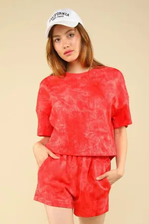 Quilted Washed Crop Top & Shorts Set – Textured Loungewear with Elastic Waist