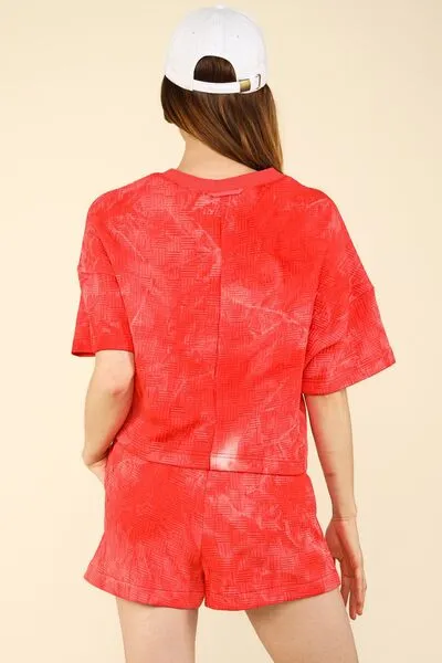 Quilted Washed Crop Top & Shorts Set – Textured Loungewear with Elastic Waist