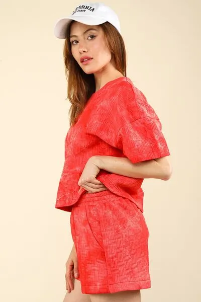 Quilted Washed Crop Top & Shorts Set – Textured Loungewear with Elastic Waist