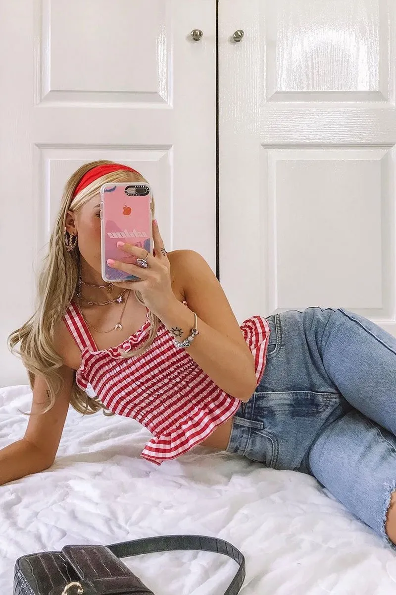 Red Gingham Shirred Crop Top - Eava