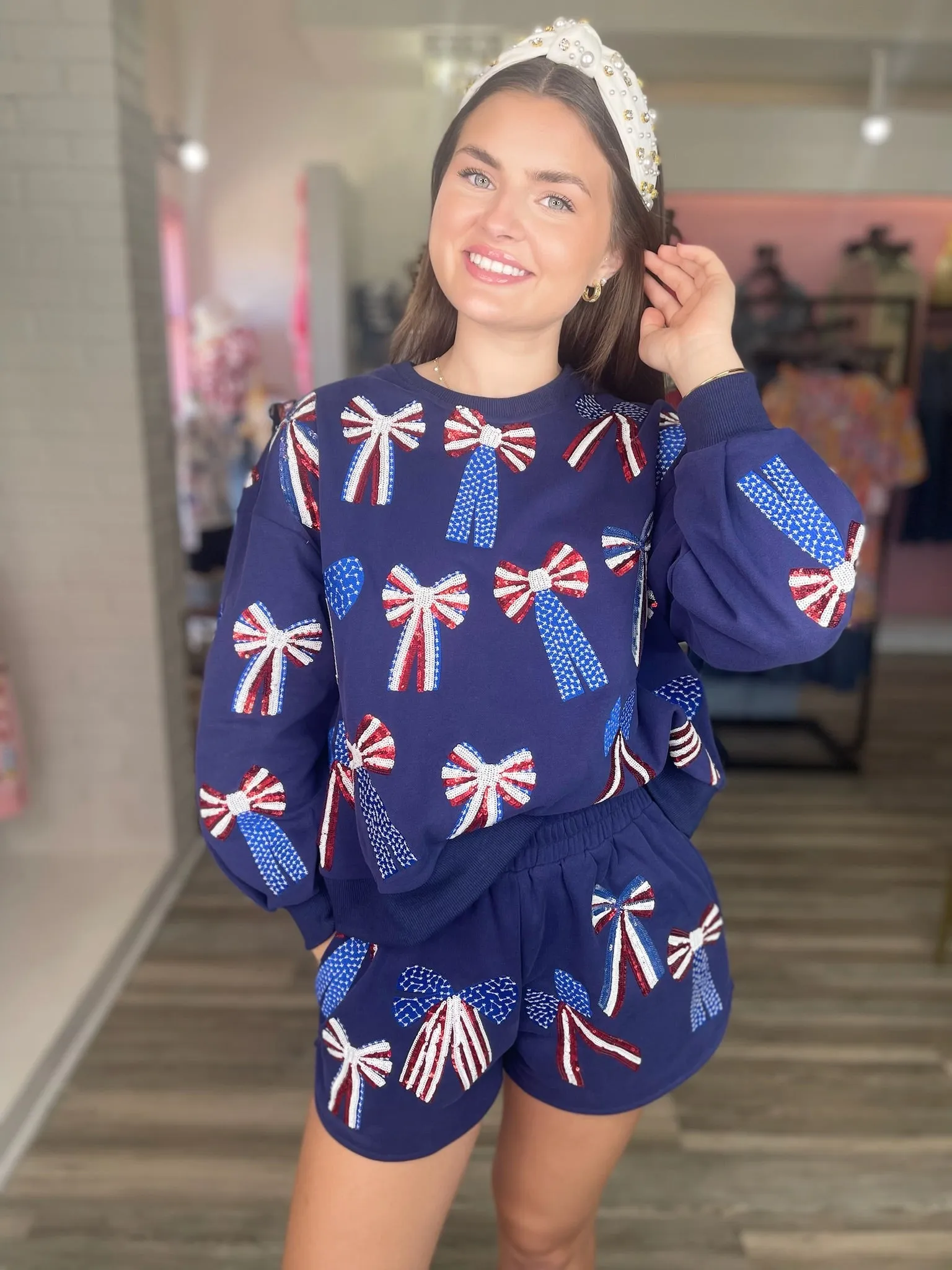 Red, White & Blue Bow Shorts - Navy [Queen of Sparkles]