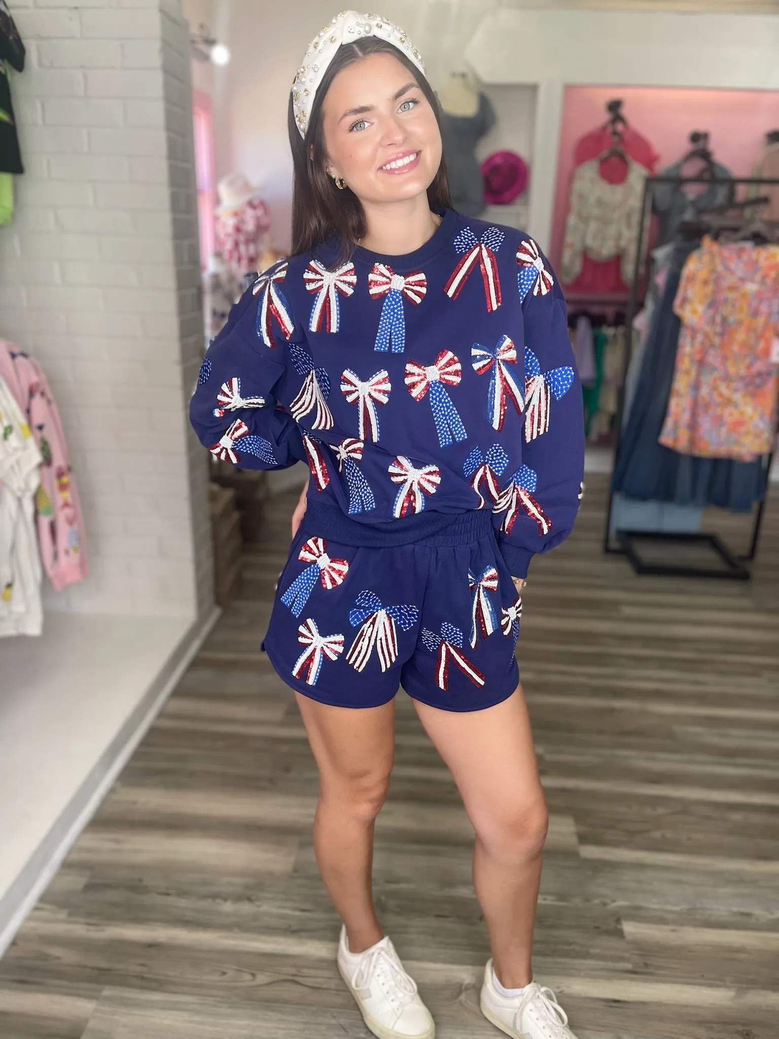 Red, White & Blue Bow Shorts - Navy [Queen of Sparkles]