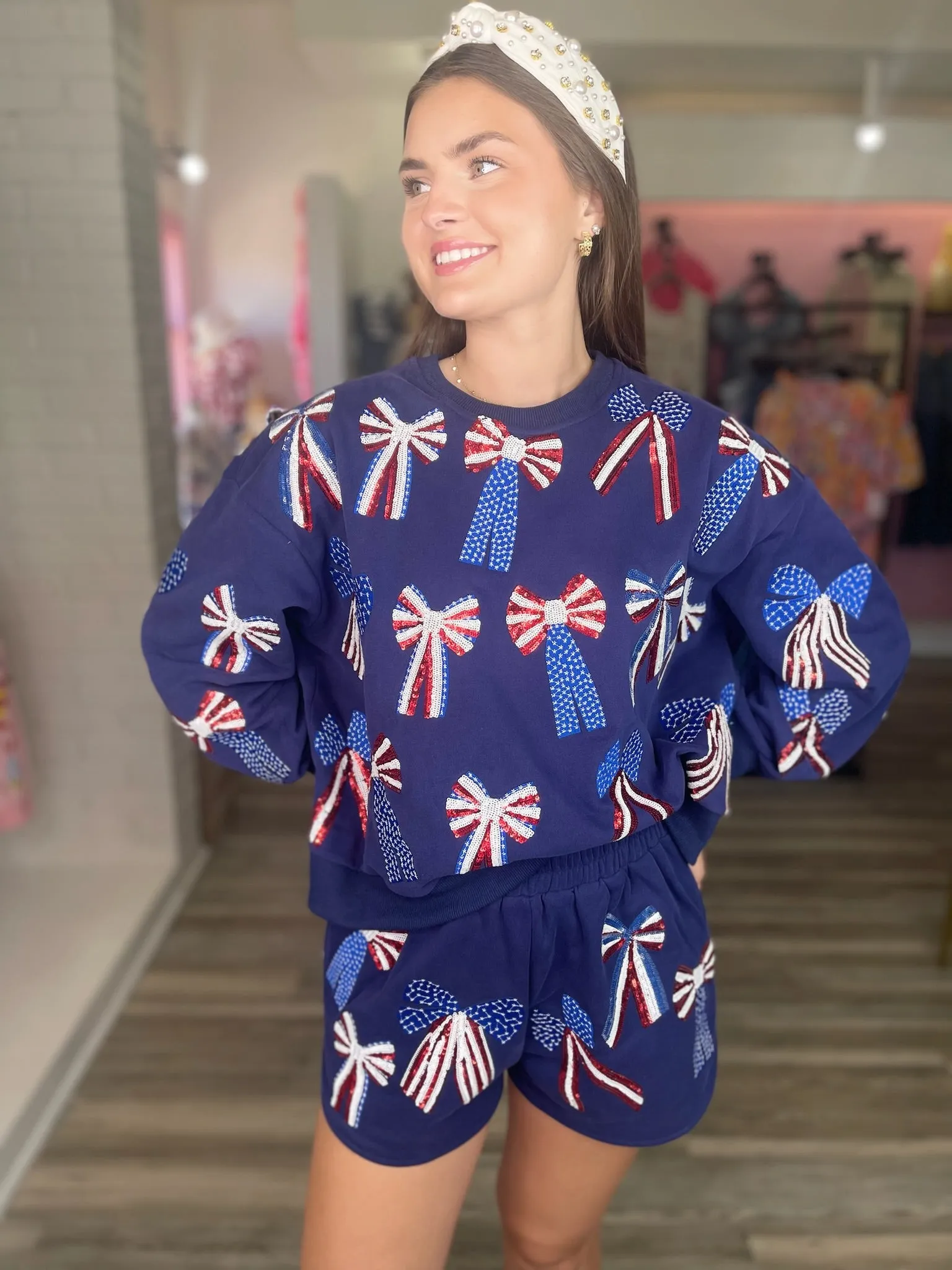 Red, White & Blue Bow Shorts - Navy [Queen of Sparkles]