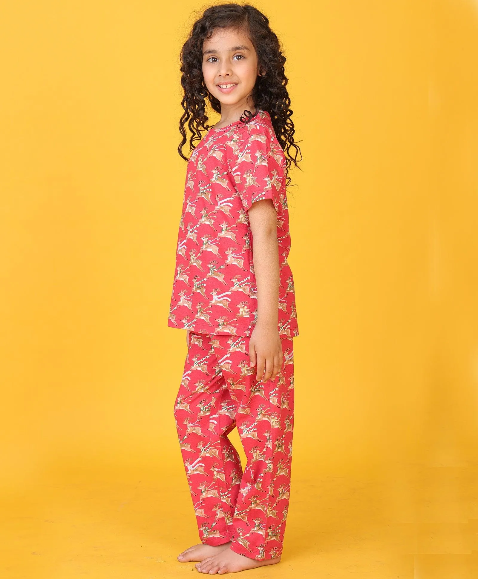 REINDEER SHORT SLEEVE GIRLS PYJAMA SET - RED