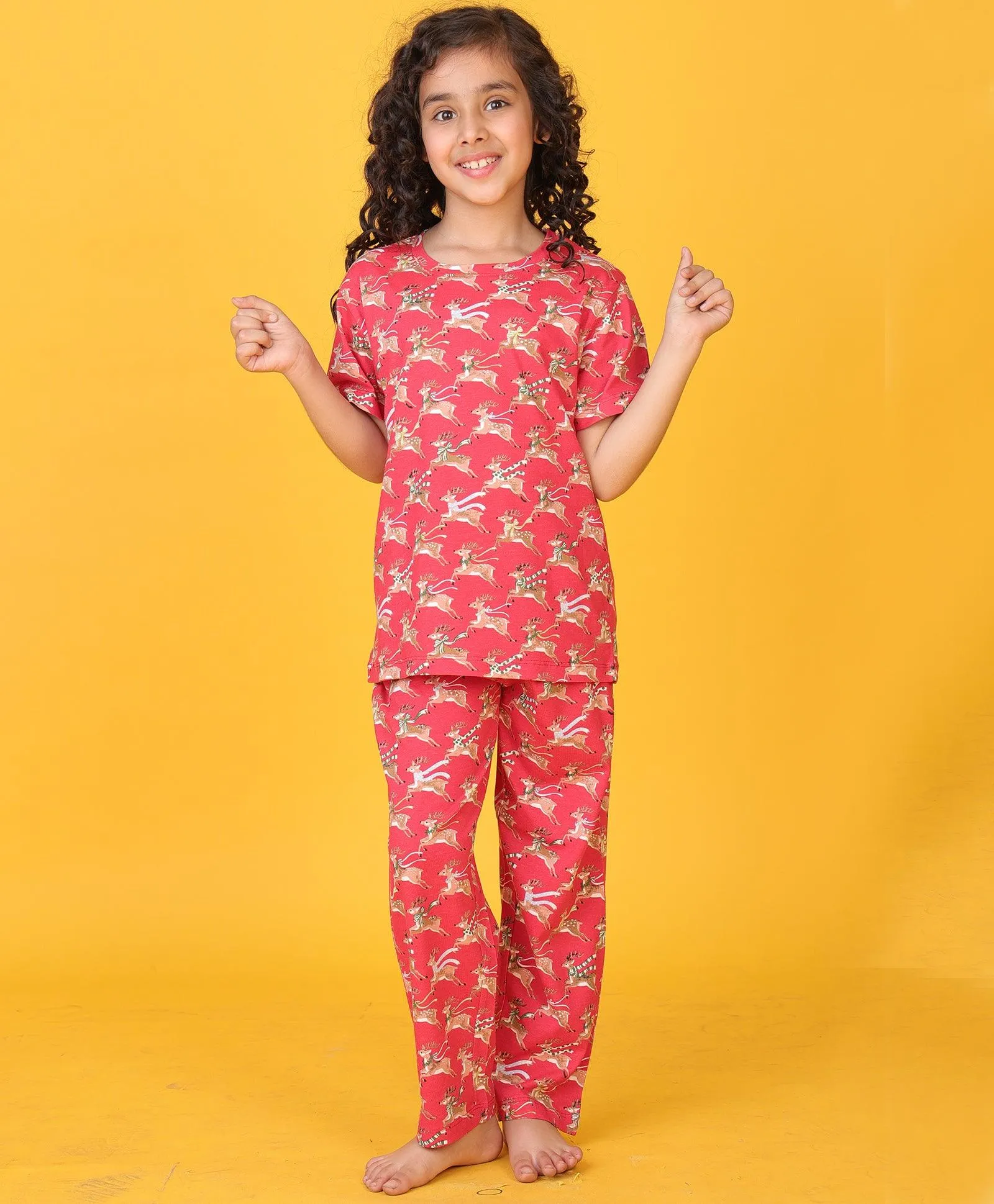 REINDEER SHORT SLEEVE GIRLS PYJAMA SET - RED