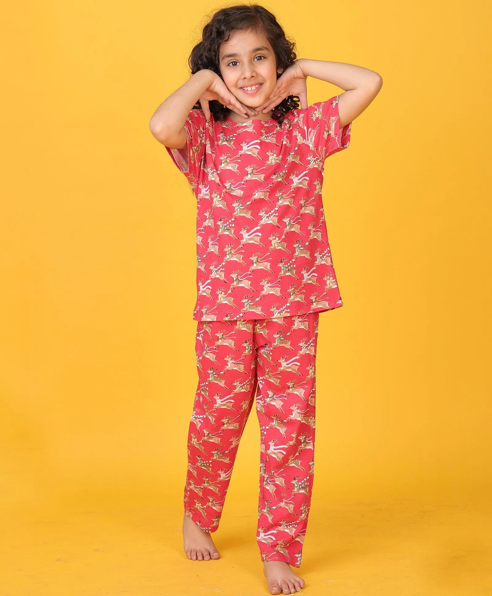 REINDEER SHORT SLEEVE GIRLS PYJAMA SET - RED