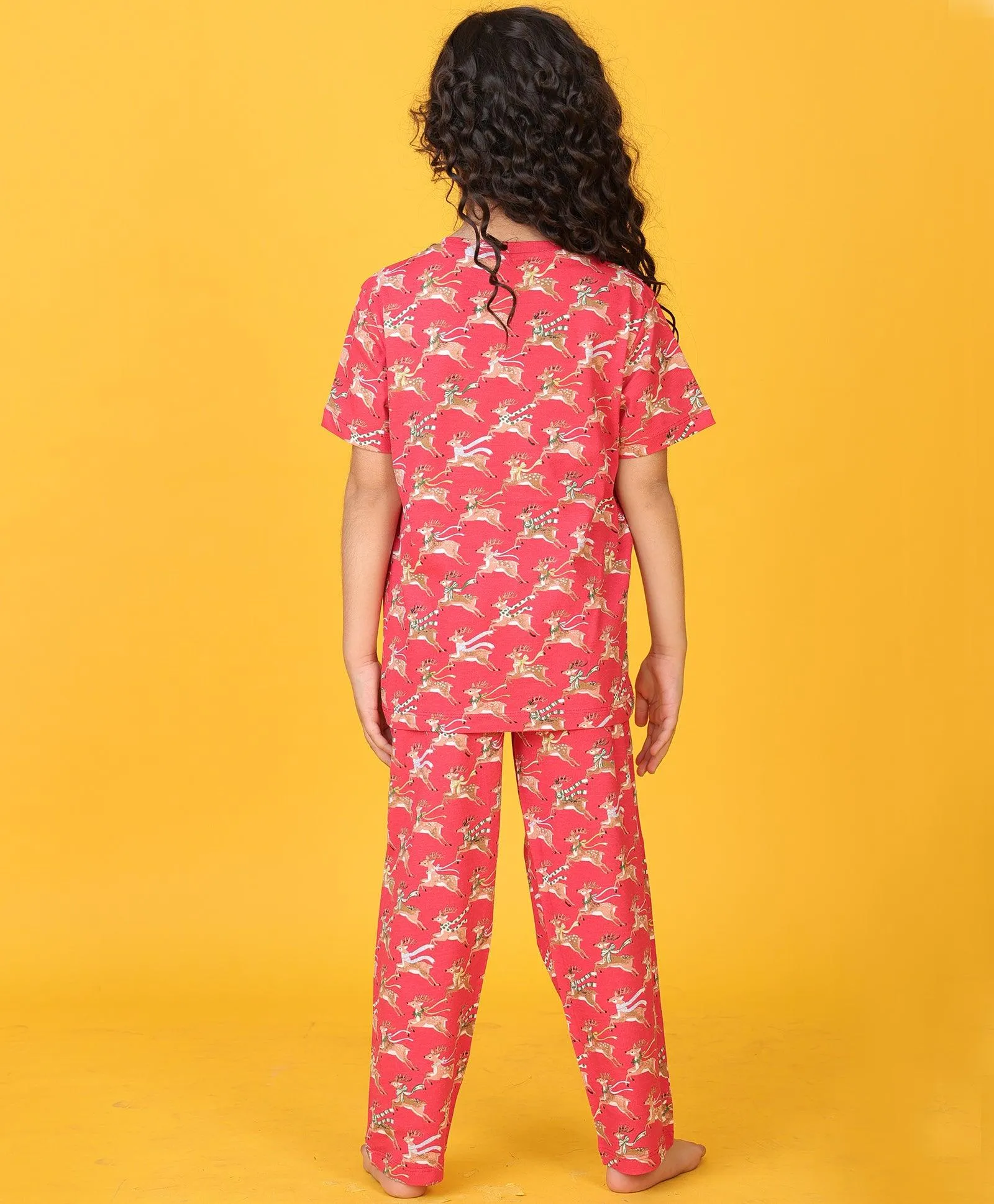 REINDEER SHORT SLEEVE GIRLS PYJAMA SET - RED