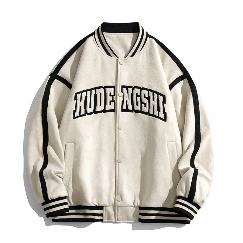 Relaxed-Fit Button-Up Men's Varsity Jacket Featuring Contrast Trim