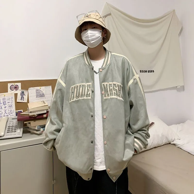 Relaxed-Fit Button-Up Men's Varsity Jacket Featuring Contrast Trim