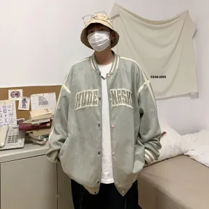 Relaxed-Fit Button-Up Men's Varsity Jacket Featuring Contrast Trim
