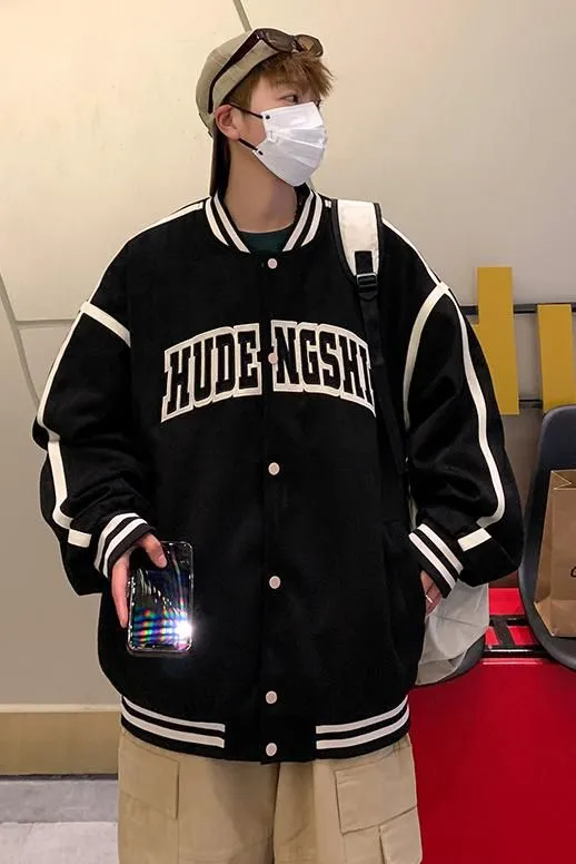 Relaxed-Fit Button-Up Men's Varsity Jacket Featuring Contrast Trim