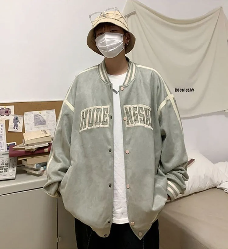 Relaxed-Fit Button-Up Men's Varsity Jacket Featuring Contrast Trim