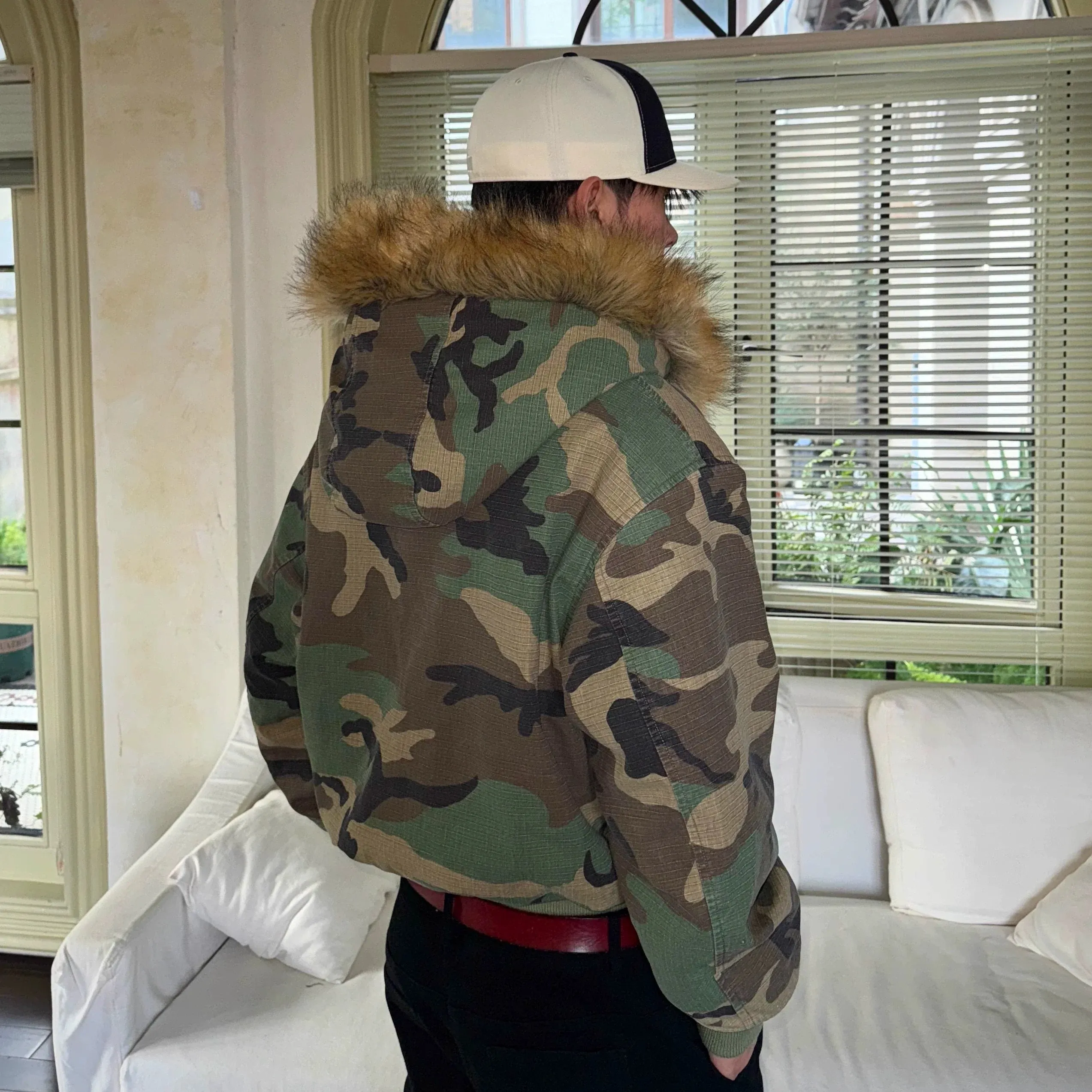 Reversible Camouflage Fur-Lined Bomber Jacket