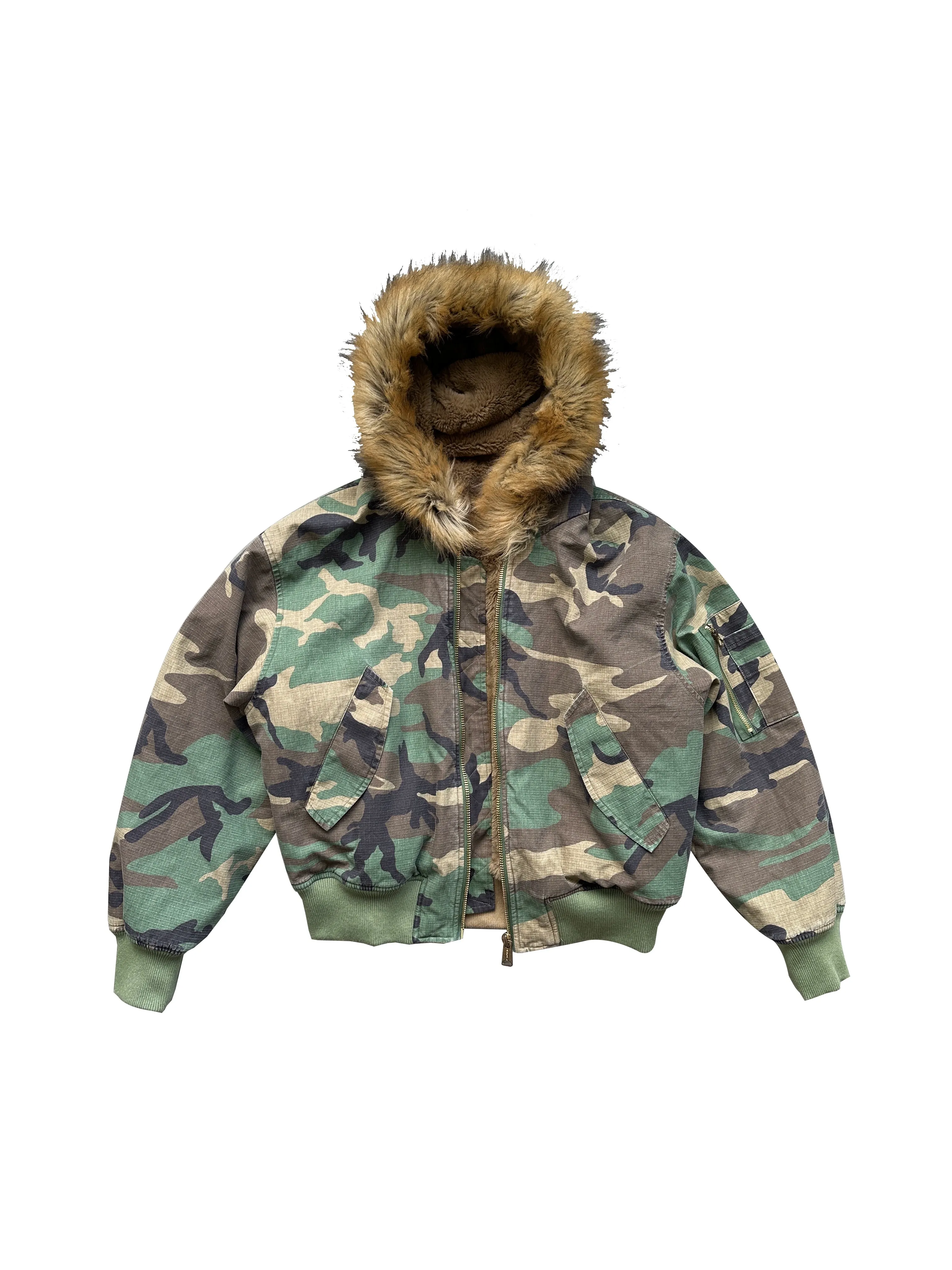 Reversible Camouflage Fur-Lined Bomber Jacket