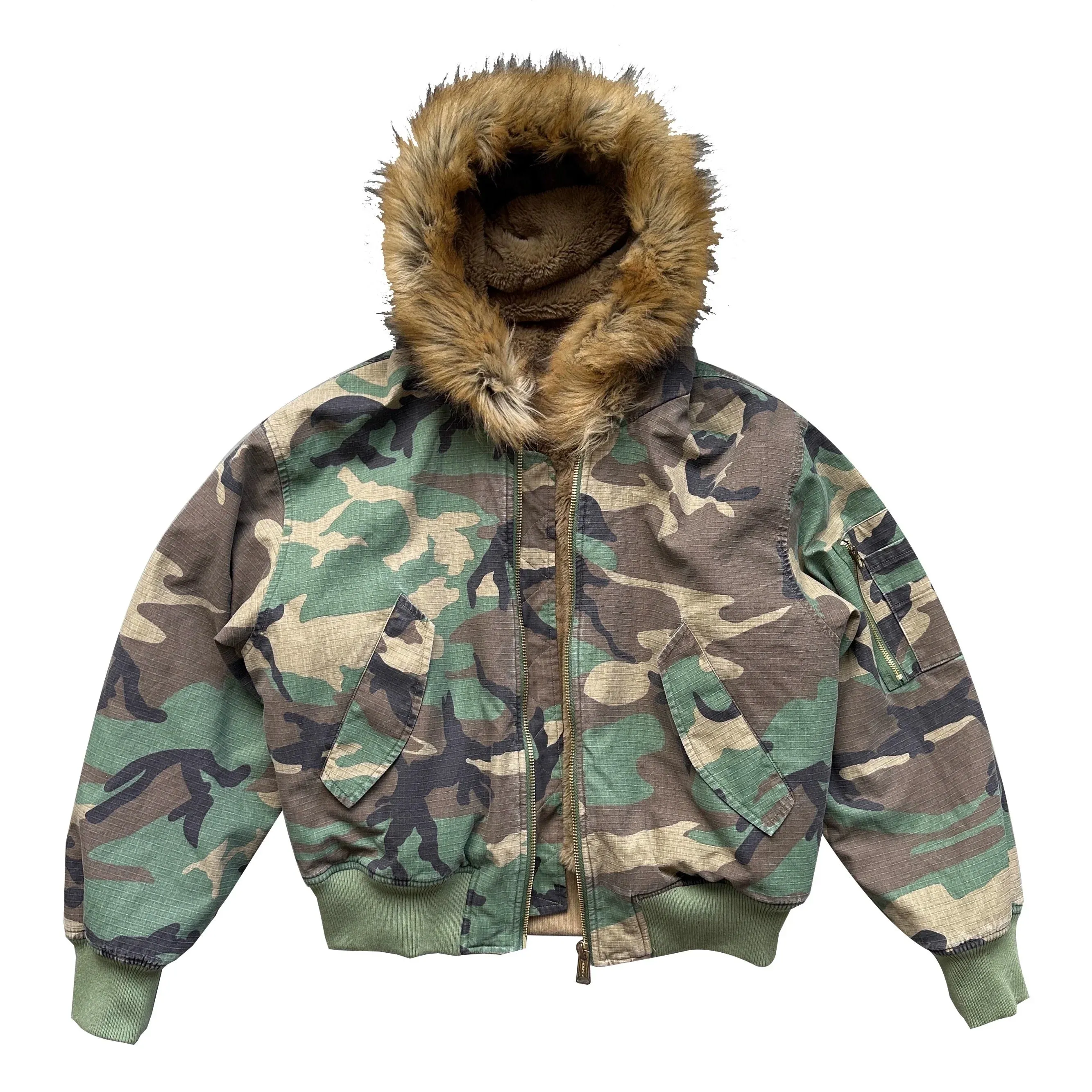 Reversible Camouflage Fur-Lined Bomber Jacket