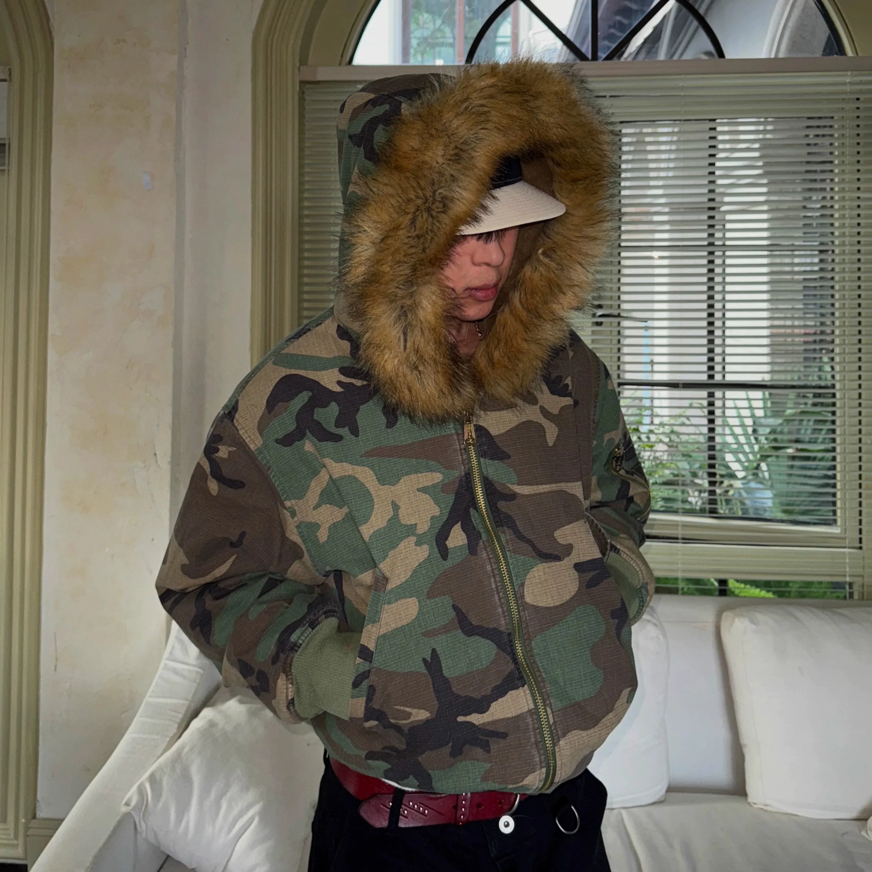 Reversible Camouflage Fur-Lined Bomber Jacket