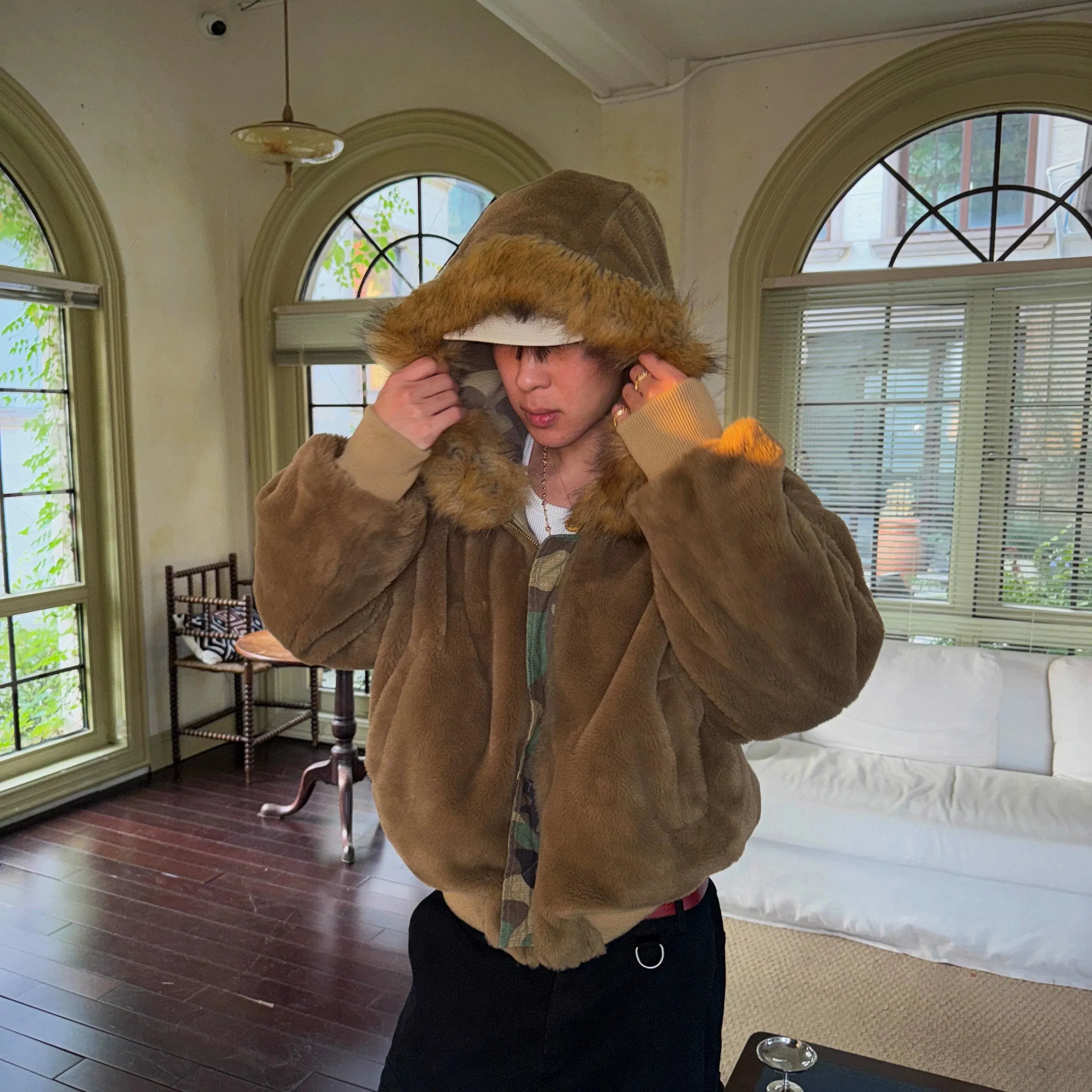 Reversible Camouflage Fur-Lined Bomber Jacket
