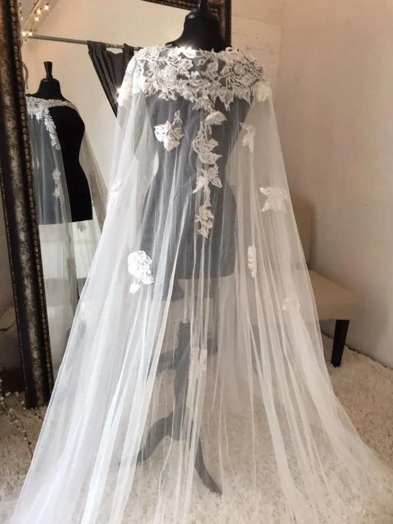 Roycebridal Roycebridal Long Bridal Wedding Cape Veil With Lace multiple White/ivory Wraps Appliques Lace Wedding Jacket Bridal Cloak