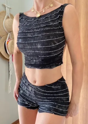 Ruffled Mini Shorts Set in Black Shimmer