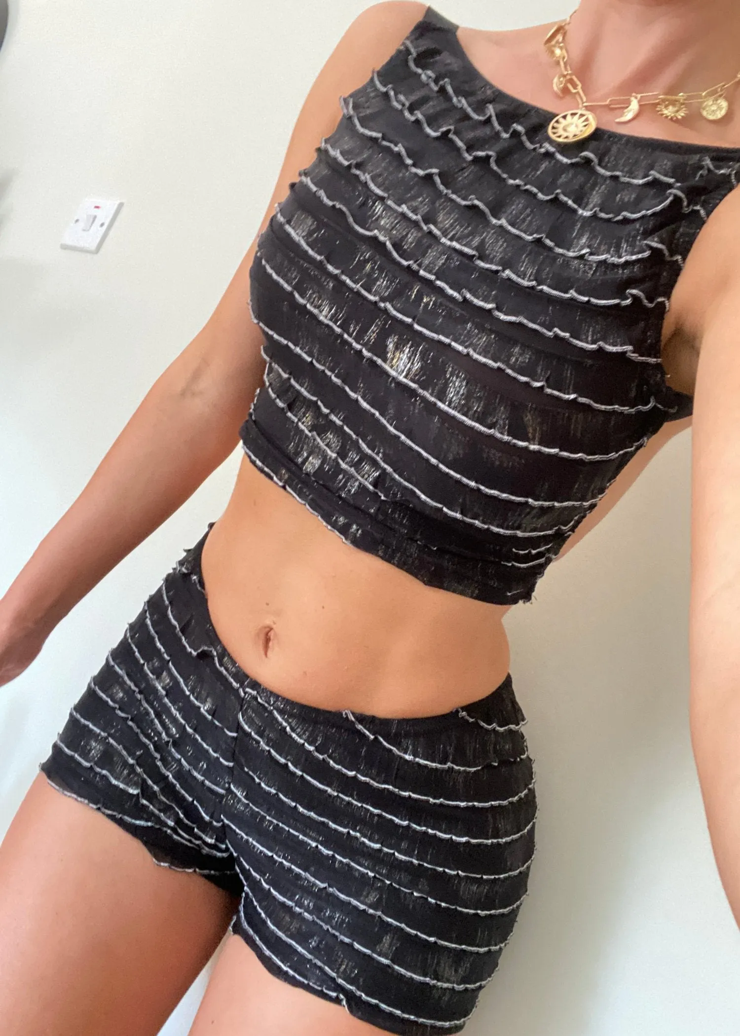Ruffled Mini Shorts Set in Black Shimmer
