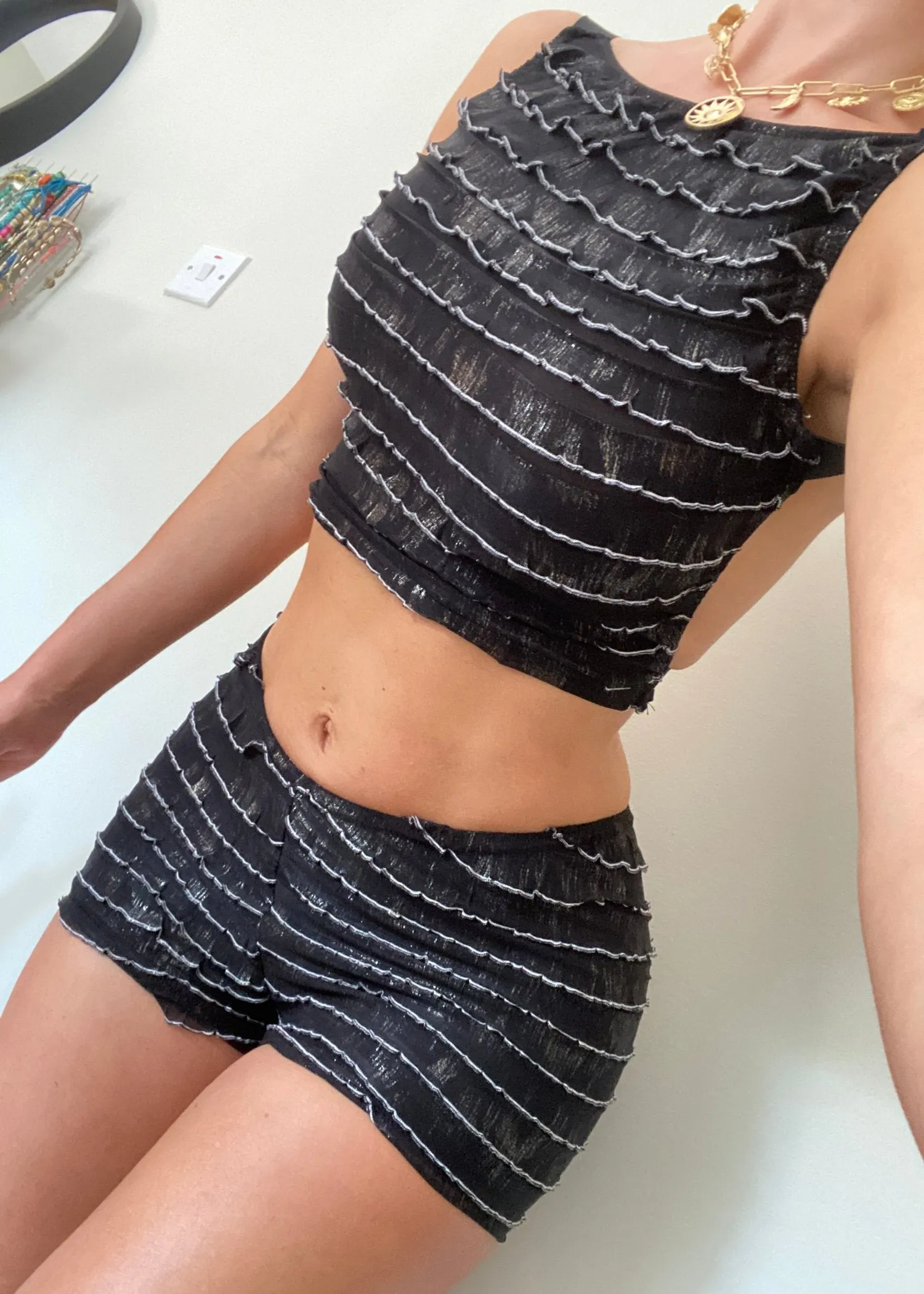 Ruffled Mini Shorts Set in Black Shimmer