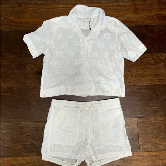 Saint Geraldine White Eyelet Happy Face Camp Short &amp; Top Set Sz S #0557