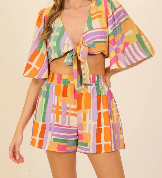 SAVE BY THE BELL TIE CROP TOP -PINK MULTI