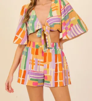 SAVE BY THE BELL TIE CROP TOP -PINK MULTI