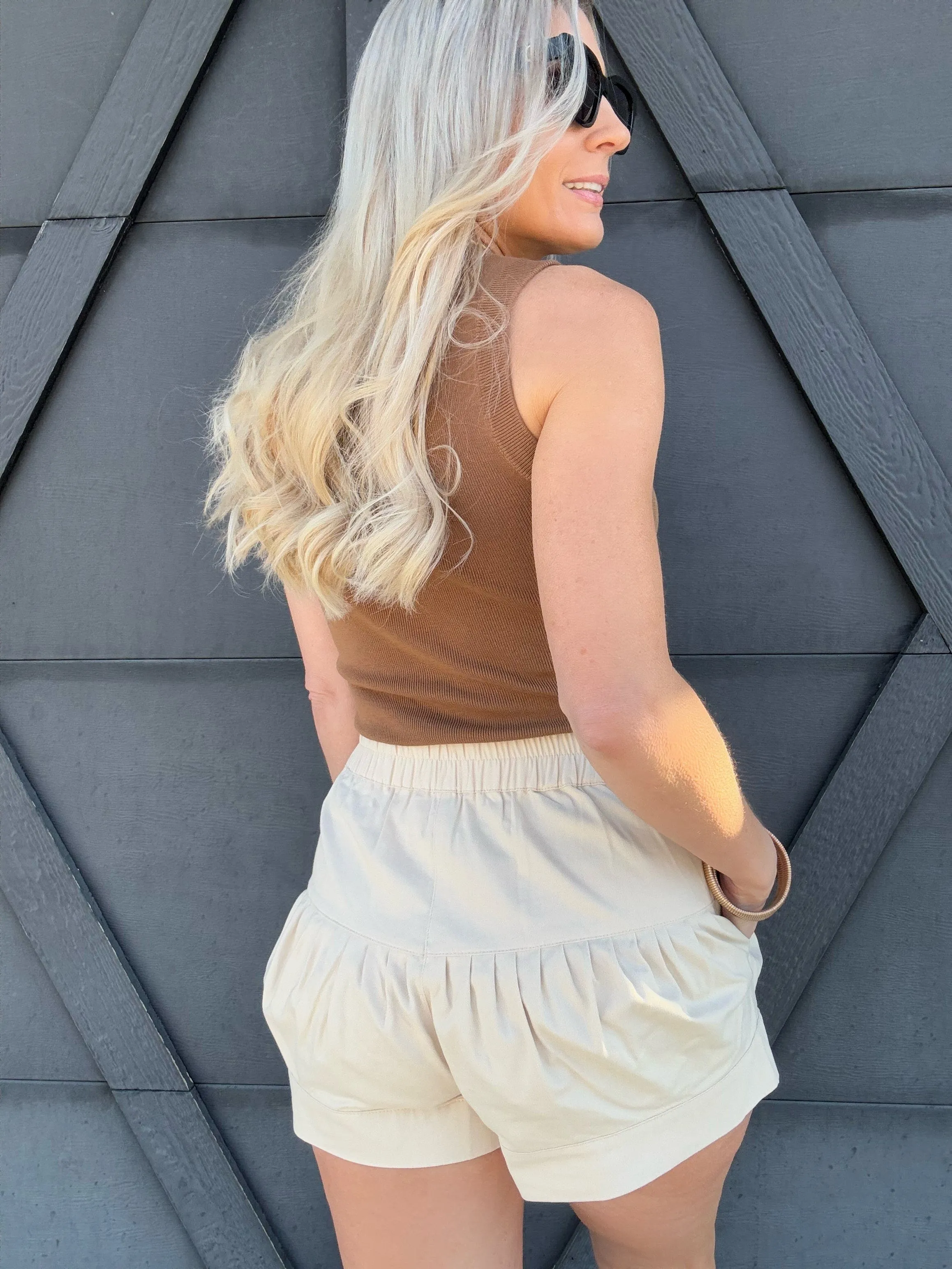 Scrunched Button Down Shorts In Bone