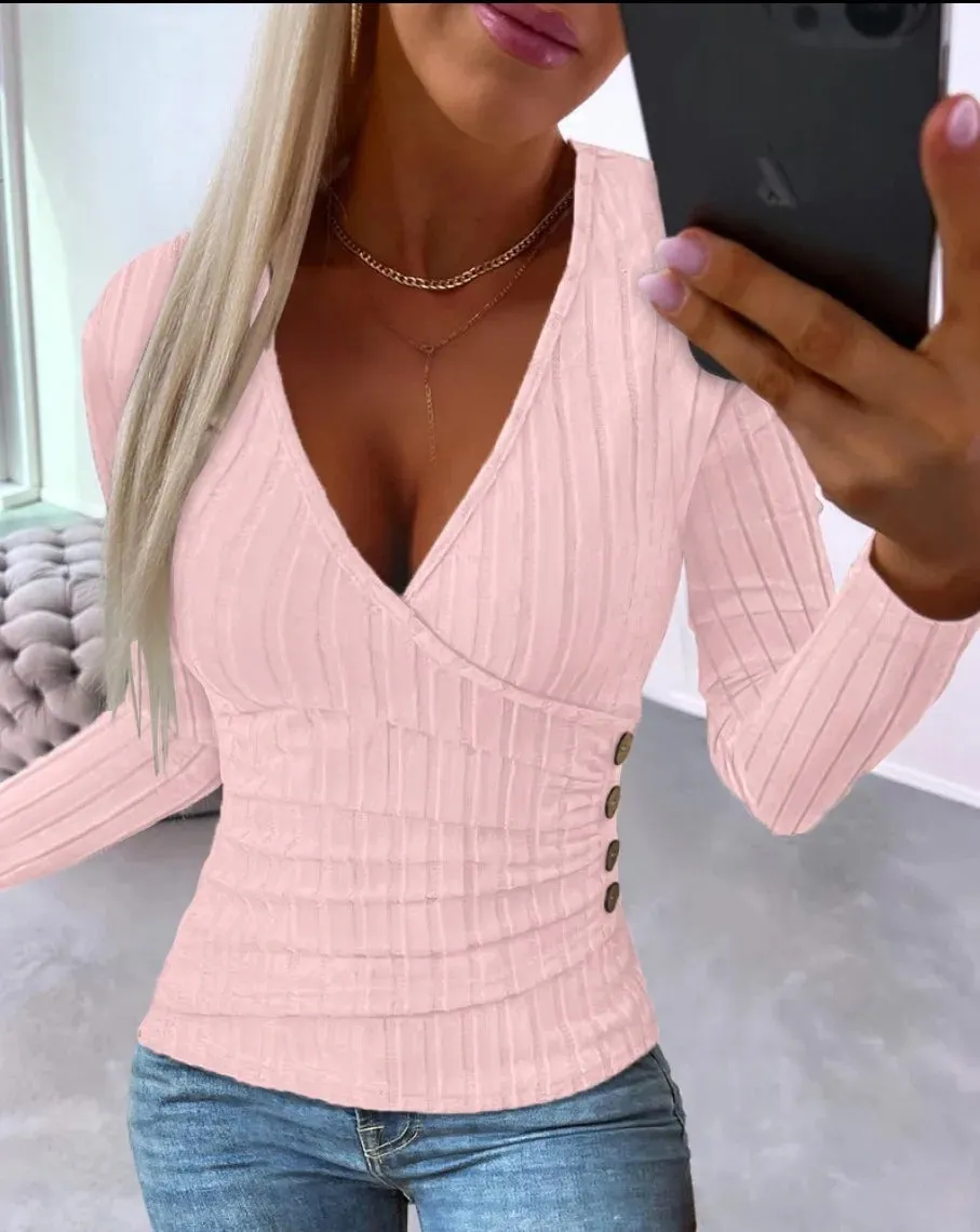 Sexy V Neck Long Sleeve Shirt - Elegant Knitted Blouse for Office Ladies, Spring Autumn 2023 Female Tops