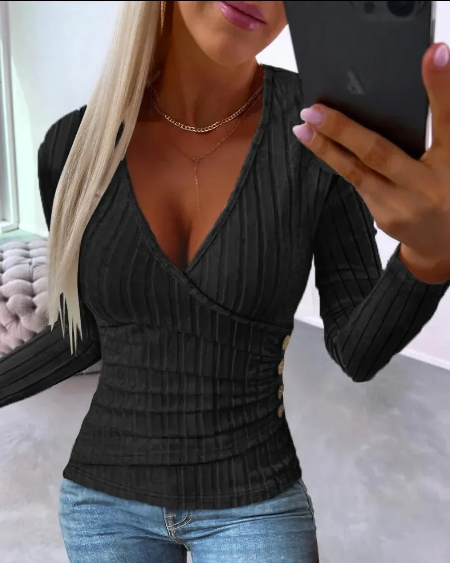Sexy V Neck Long Sleeve Shirt - Elegant Knitted Blouse for Office Ladies, Spring Autumn 2023 Female Tops