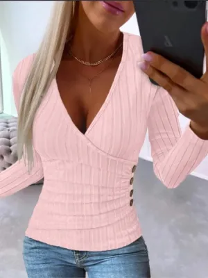 Sexy V Neck Long Sleeve Shirt - Elegant Knitted Blouse for Office Ladies, Spring Autumn 2023 Female Tops