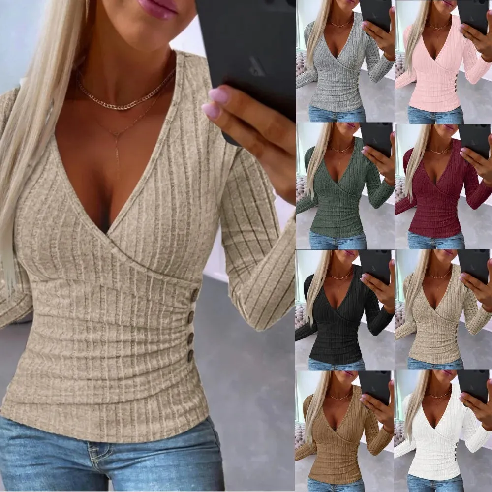 Sexy V Neck Long Sleeve Shirt - Elegant Knitted Blouse for Office Ladies, Spring Autumn 2023 Female Tops