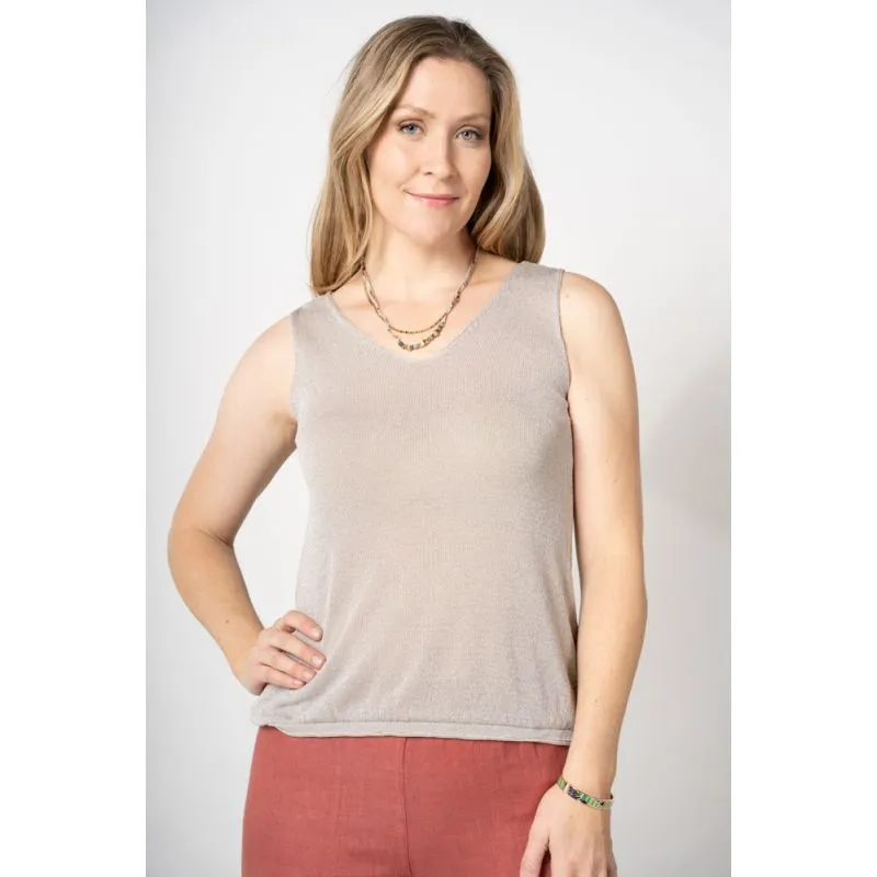 Shimmer Double V-Neckline Tank Top - Beige