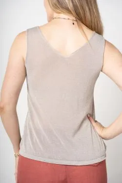 Shimmer Double V-Neckline Tank Top - Beige