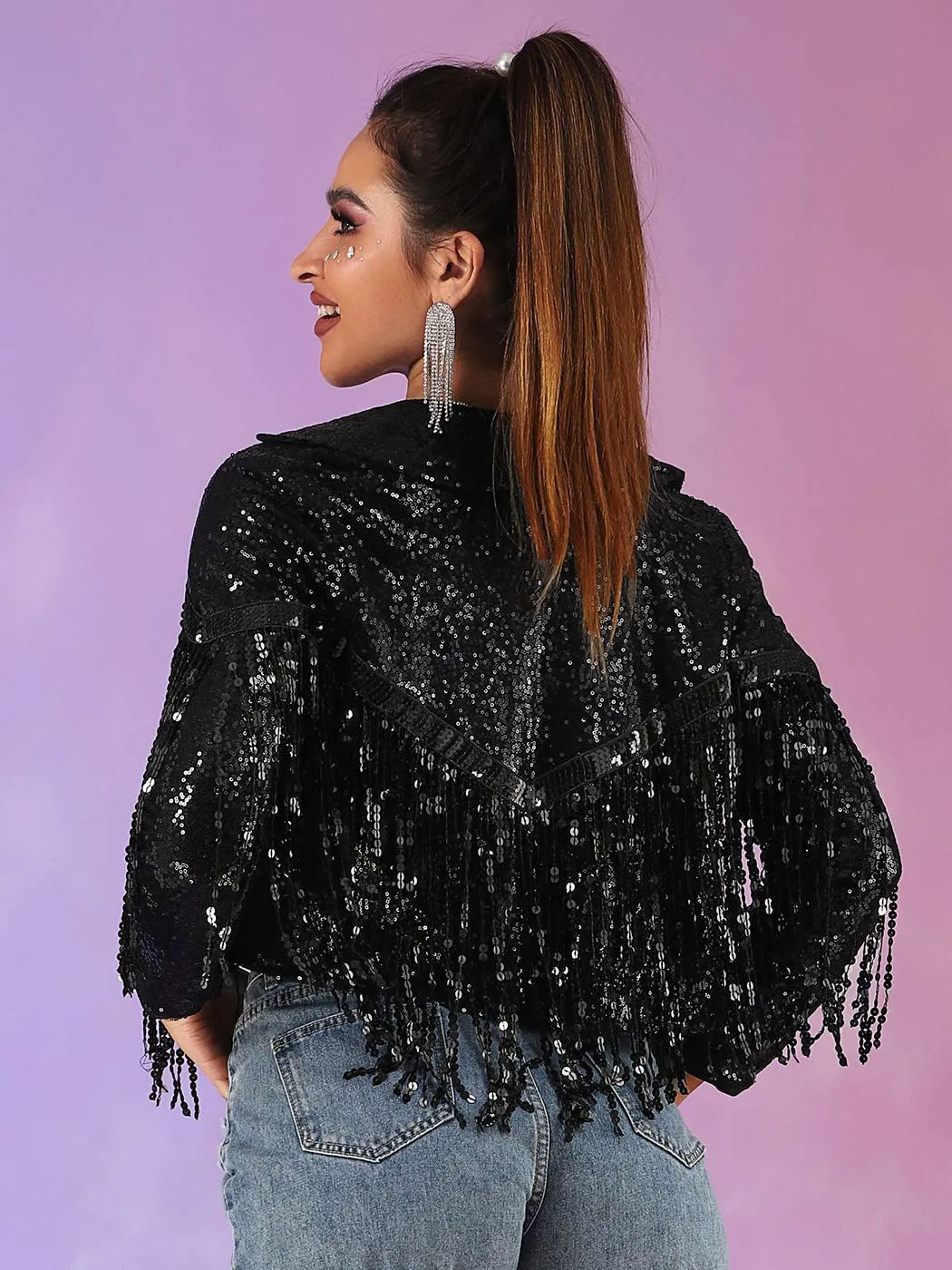 Short Long Sleeve Lapel Black Sparkly Fringe Jacket