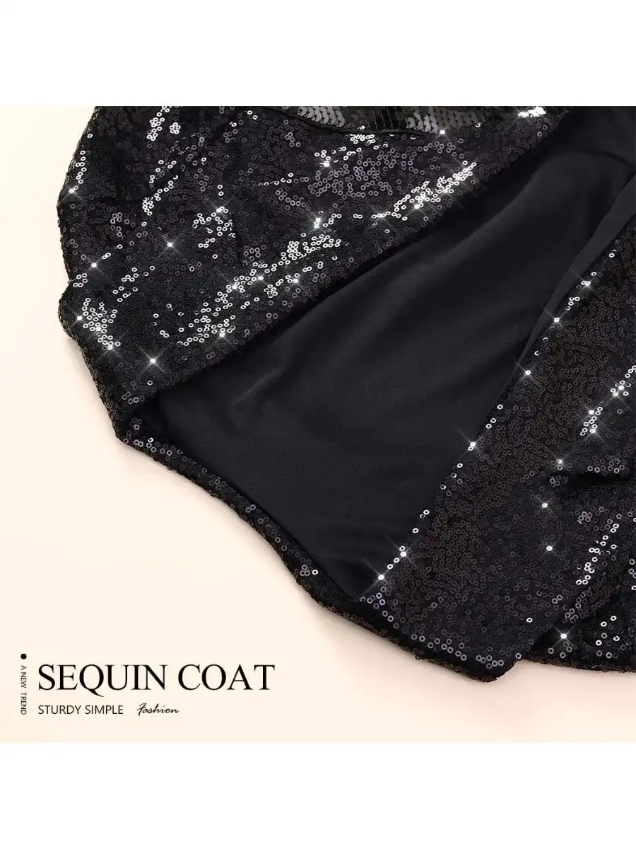 Short Long Sleeve Lapel Black Sparkly Fringe Jacket