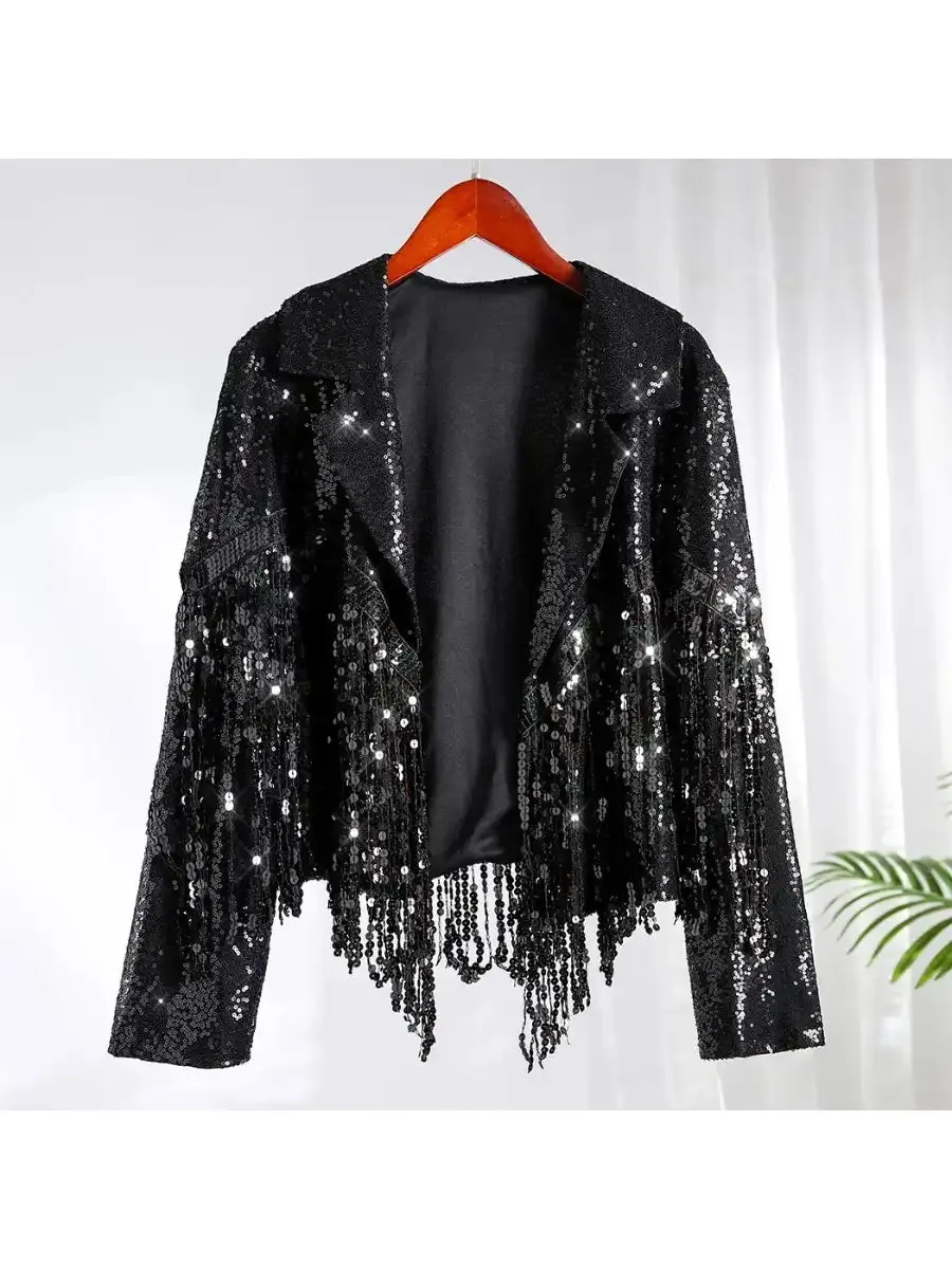 Short Long Sleeve Lapel Black Sparkly Fringe Jacket