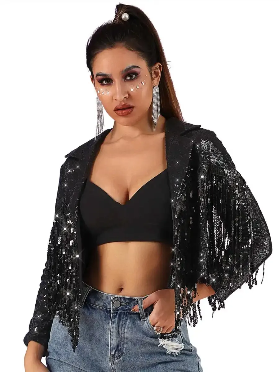 Short Long Sleeve Lapel Black Sparkly Fringe Jacket
