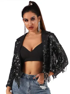 Short Long Sleeve Lapel Black Sparkly Fringe Jacket